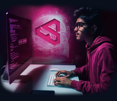 Image of man working in front of a computer with Linkd logo between the man and the computer